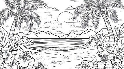 Tropical Beach Scene, Black and White