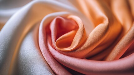 Close-up of white, orange, pink satin with spiral pattern, colors connecting at center, soft natural light, elegant atmosphere.