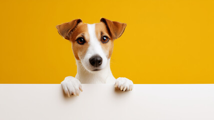 Jack Russell terrier dog with curious expression on yellow background holding white blank board with paws for copy space or text message