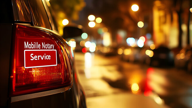 Mobile notary service car at night, illuminated taillight, bokeh city background.  Convenient legal services concept.