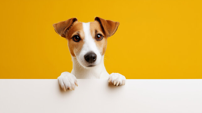 Jack Russell terrier dog with curious expression on yellow background holding white blank board with paws for copy space or text message