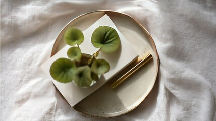 Linen Pencil Case and Begonia Leaves on Ceramic Plate