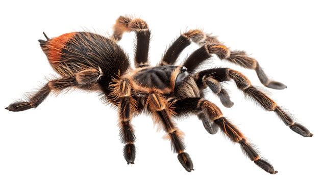 Close up of a hairy brown and orange tarantula spider isolated on transparent background