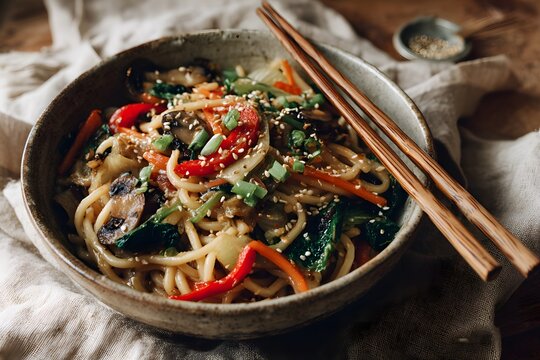 A delicious bowl of udon noodles mixed with fresh veggies, topped with sesame seeds and green onions. Perfect for a nourishing and flavorful meal.