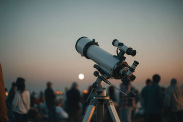 Close-up of a white telescope on a tripod pointed at the sky during dusk with a crowd of people blurred in the background