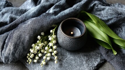 Ceramic Candle and Lavender Sprigs on Terracotta Tray
