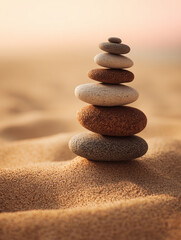 Balanced stack of natural stones on sandy beach with warm light creating peaceful and calm atmosphere in soft pastel color palette