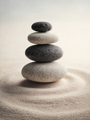 Balanced stones stacked in sand with soft natural light and smooth textured pebbles reflecting calmness and harmony in a minimalist, neutral color palette for relaxation.