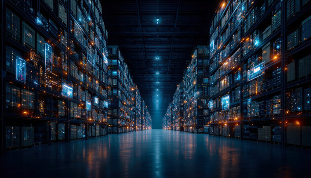 This image showcases a vast, high-tech warehouse illuminated with dynamic lights and digital screens, representing the future of logistics and inventory management in a technological era.