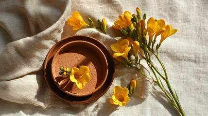 Brass Paperweight and Daffodil Blooms on Walnut Desk
