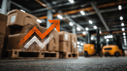 Warehouse Growth: A warehouse scene with stacked boxes and forklifts. A superimposed graphic of an upward-trending arrow suggesting business growth and expansion.