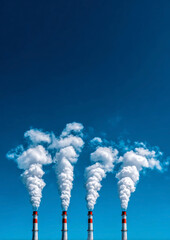 This striking image features towering smokestacks releasing billowing clouds of smoke into a clear blue sky, capturing the essence of industrial emissions and their environmental impact.