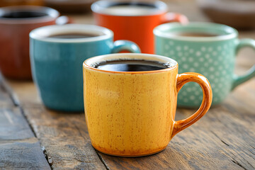 Close-up of a yellow coffee mug filled with coffee, surrounded by blurred mugs of different colors on a rustic wooden table.  Perfect for representing morning coffee, relaxation, or cafe culture.
