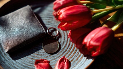 Brass Earrings and Daisy Petals on Walnut Tray
