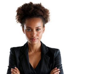 African American businesswoman in a black blazer looking directly at the camera with arms crossed, isolated on transparent background