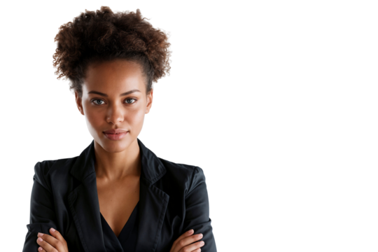 African American businesswoman in a black blazer looking directly at the camera with arms crossed, isolated on transparent background