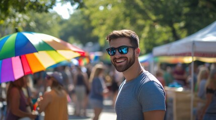 Man smiling at a market