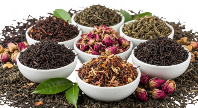 An Exquisite Selection of Loose Leaf Teas and Dried Flowers for a Soothing and Relaxing Brew Experience, isolated on a transparent background