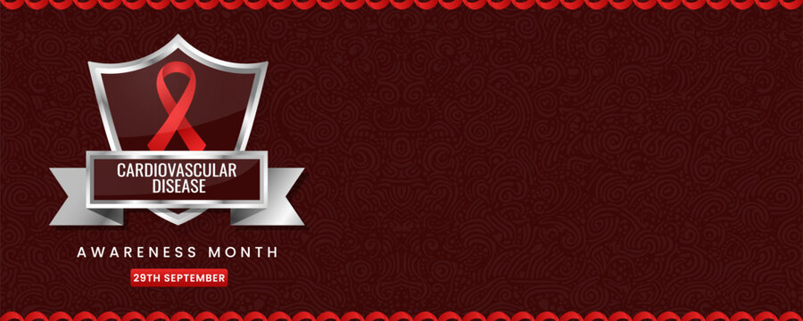 Cardiovascular Disease Awareness Month banner with Red Ribbon Shield.