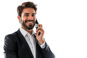 Handsome entrepreneur man with beard enjoying a business call, dressed in formal suit, looking happy and engaged