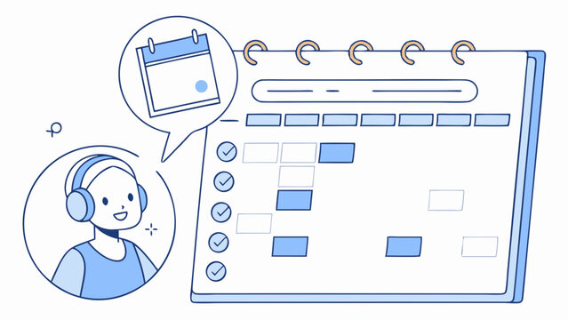 Digital Calendar Planning and Schedule Management with Person Wearing Headphones. Minimalist Line Art Illustration for Productivity, Task Organizat...