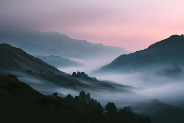 Early morning mist covering mountain valley with soft purple and blue light