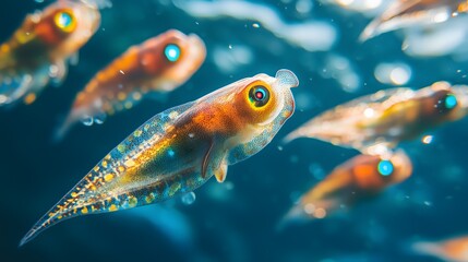 Fototapeta premium Close up of translucent orange and yellow juvenile squid swimming in ocean water