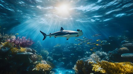 Fototapeta premium Hammerhead Shark Swimming Over Vibrant Coral Reef in Sunlit Ocean sea underthesea