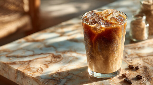 Iced coffee beverage in a glass with ice cubes on a marble table with coffee beans around it