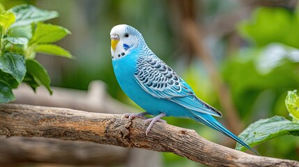 Obraz premium Blue budgerigar parrot perched on tree branch in tropical environment with green leaves and soft light