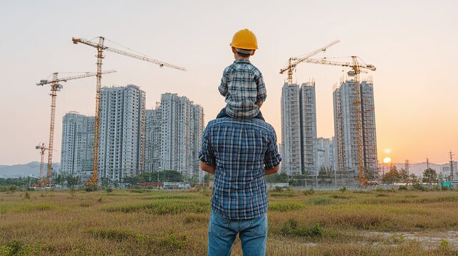 Father with child in hard hat looking at construction site and cranes near tall buildings at sunset