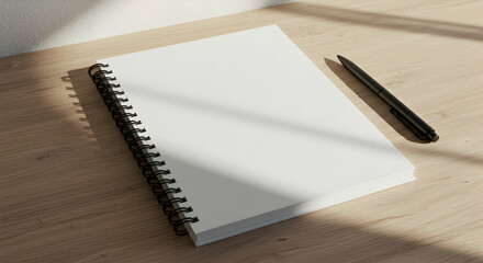 Blank Spiral Notebook Mockup with Pen on Wooden Desk Perfect for Branding Stationery Design Ideas