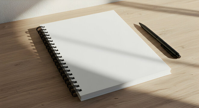 Blank Spiral Notebook Mockup with Pen on Wooden Desk Perfect for Branding Stationery Design Ideas - Powered by Adobe