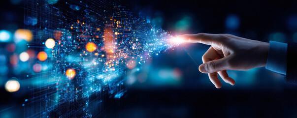 A hand reaching out towards a burst of light and digital particles, symbolizing the connection between technology and humanity, showcasing the power of innovation and creativity.