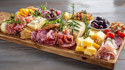Delicious charcuterie board with assorted meats, cheeses, olives, fruits and herbs on wooden platter