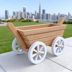 Fototapeta premium Wooden Wagon on Stone Surface with Cityscape Background