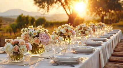Elegant outdoor wedding table setting with floral centerpieces at sunset in countryside vineyard garden