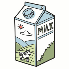 Cartoon illustration of a milk carton with a pastoral landscape design