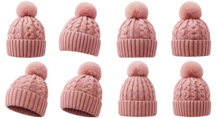 Stylish Pink Knitted Beanies with Pom Poms Perfect for Cold Winter Fashion and Cozy Outfits, isolated on a transparent background