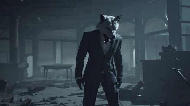 Loup en costume dans un b&acirc;timent en ruines
