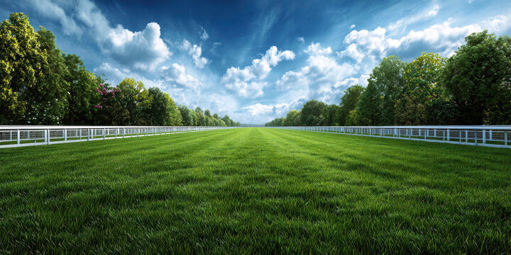 A breathtaking view of a lush green racetrack bordered by vibrant trees, under a blue sky decorated with fluffy clouds, creating an inviting and serene atmosphere.