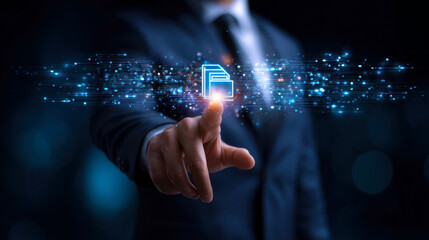 Fototapeta premium A business professional reaches out to touch a digital icon representing document management, symbolizing innovation, technology, and the future of work in a modern world.