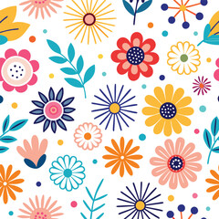 Colorful floral pattern with various flowers and leaves on a white background