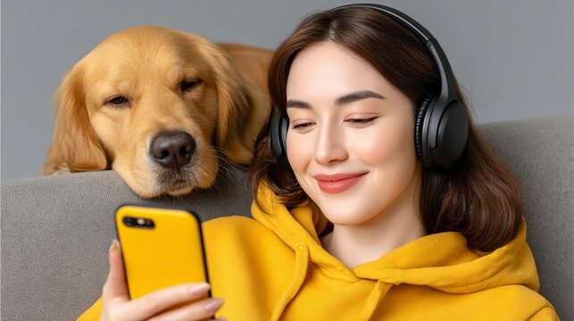 Smiling Woman with Golden Retriever Uses Smartphone at Home - Powered by Adobe