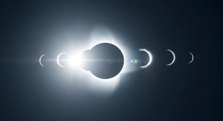A celestial event showing the phases of a solar eclipse, with a bright corona.