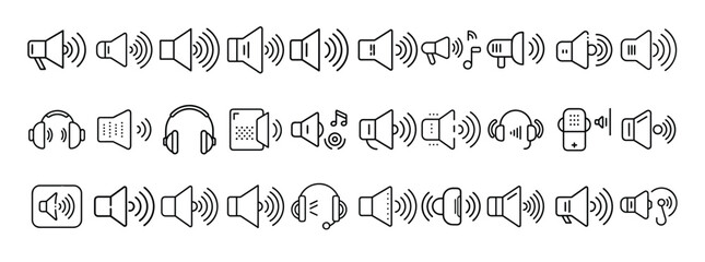 Sound, audio, music, volume, speaker – thin line web icon set. Outline icons collection. Simple vector illustration.