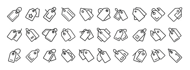 Tags, labels, discount, shopping, price – thin line web icon set. Outline icons collection. Simple vector illustration.