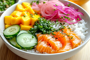 Sushi bowl with rice cucumber and mango slices