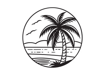 Beach with Palm Tree Silhouette Vector, Beach with Palm Tree Icon