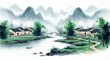 Fototapeta premium Serene Traditional Chinese Village Landscape Painting